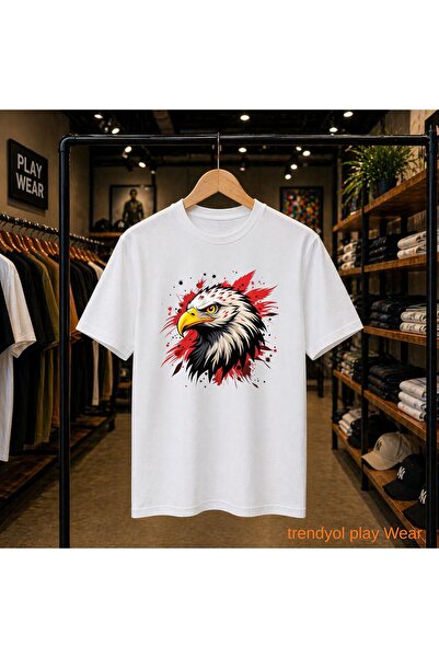 playwear Red Tug Eagle Chest Printed 100% Cotton Oversize Loose Regular Fit C...