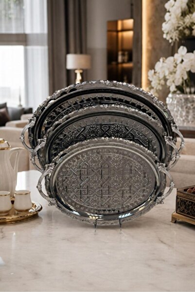 Generic Set of 3 Trays in Different Sizes Oval Shape Luxury Silverware Design...