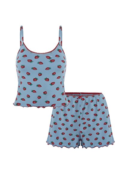 koza iç giyim Kadın İp Askılı Çilek Desenli Pamuklu Şortlu Pijama Takımı