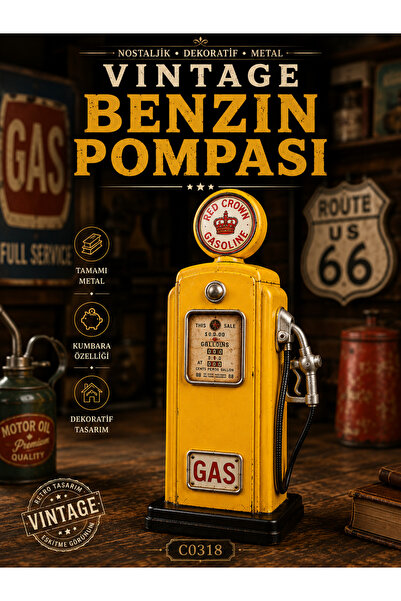 Vintage Metal Benzin Pompası Kumbara Dekoratif Nostaljik Yakıt Pompası Biblo 25 C