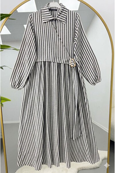 VOLT CLOTHİNG Gold Buckle Detailed Striped Dress
