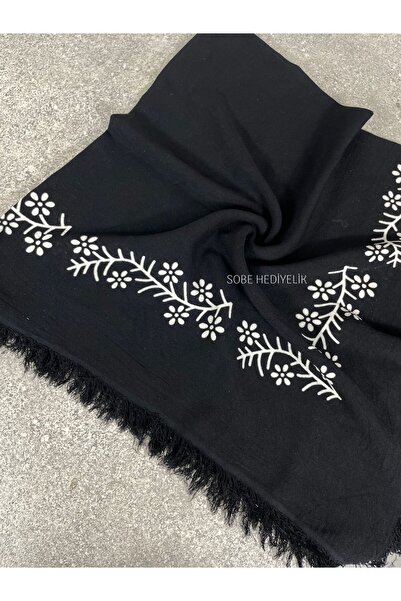 Sobe Hediyelik Black Tasseled Cotton Writing Hijab 105X105 cm – Daily and Dow...