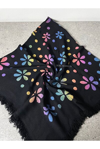 Sobe Hediyelik وشاح رأس قطني أسود مزين بشراشيب مقاس 105x105 سم - وشاح رأس يوم...