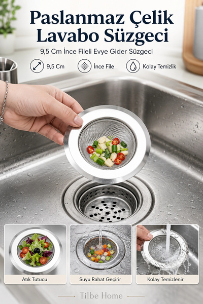 Tilbe Home Çelik Lavabo Süzgeci 9,5 cm İnce Fileli Evye Gider Süzgeç Mutfak B...
