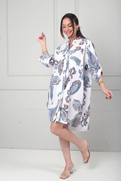 By Saygı Women's Shawl Patterned Double Pocket Italian Cotton Shirt Dress