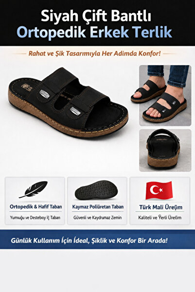 Oscar Erkek Siyah Çift Bant Günlük Ortopedik Terlik Rahat Taban
