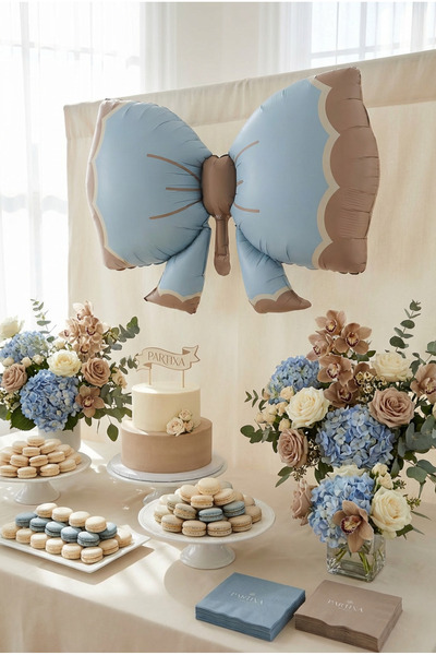 Partixa Retro Mavi Fiyonk Folyo Balon Baby Shower Doğum Günü Parti Süsü