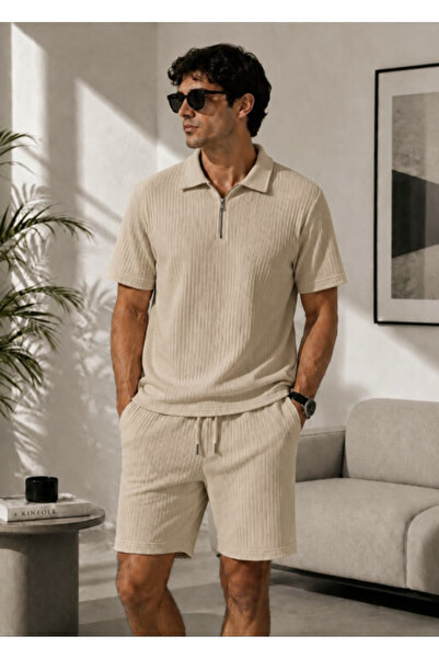 LU DUE Ottoman Fabric Casual Stylish Zippered Polo Collar T-Shirt and Shorts Set