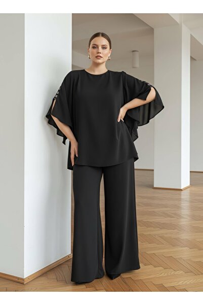 PERA MODA قميص نسائي أنيق بأكمام طويلة ومزين بالخرز على الجوانب، مقاس كبير