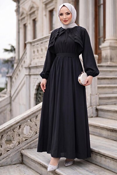 hafsamina Belted Elastic Waist Modal Dress Black Hm2916