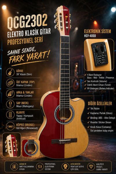 valares QCG2302C Profesyonel Seri 4/4 Elektro Klasik Gitar 4 Bant Ekolayzerli...