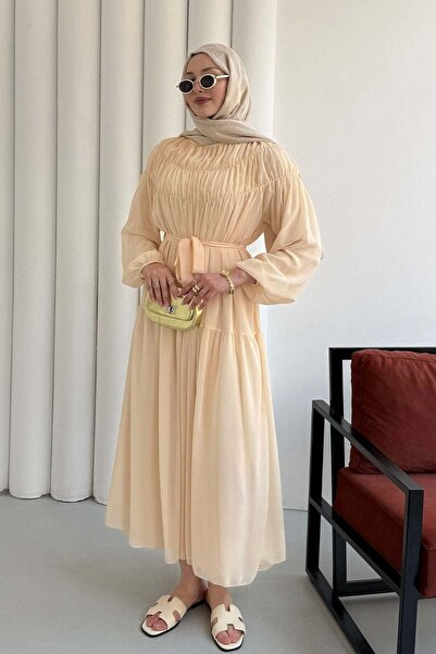 Modaensarbutik Büzgü Detaylı Oversize Şifon Tesettür Elbise-SARI