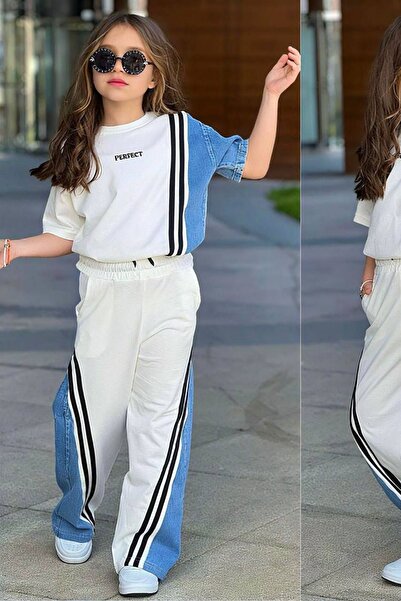 aura7 collection Girls' Perfect Half-Jeans Striped White Top and Bottom Set