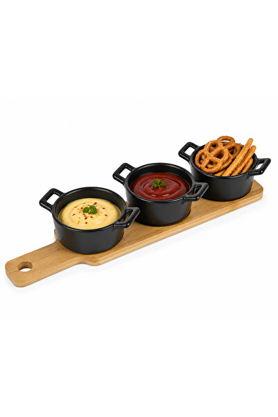 OEM 3-piece black bamboo serving tray with handles, designed for sauces, appe...
