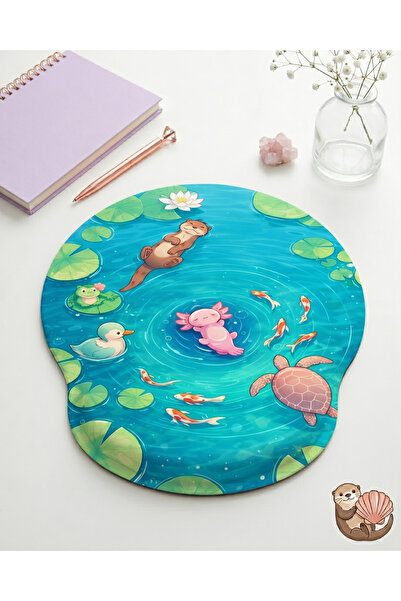 matizya Aksolotl ve Su Samuru Desenli Bilek Destekli Oval Mousepad 19x23 cm S...