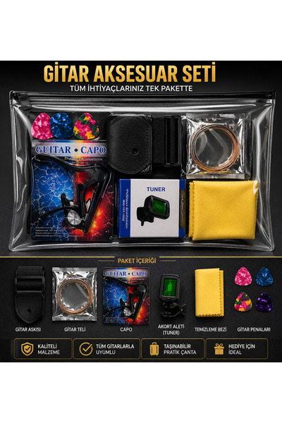 valares Profesyonel Gitar Aksesuar Seti Tuner + Capo + AKUSTİK gitar Teli + P...
