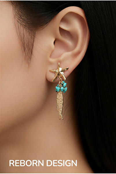 REBORN DESIGN Gold Star Earrings with Fish Figure and Turquoise Beads