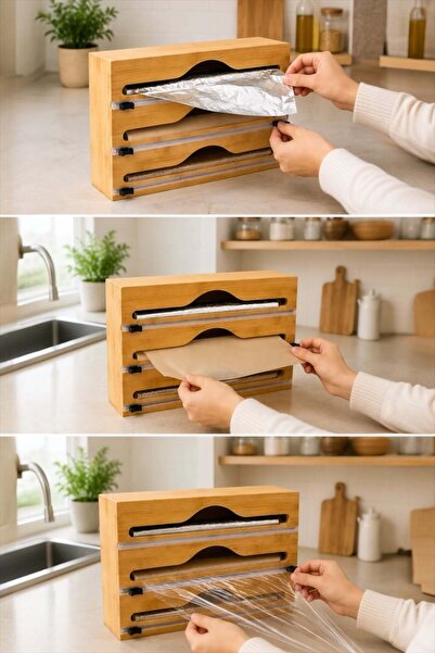 Bayev Bambu 700807 3-Compartment Stretch Film and Foil Cutter Organizer - Bam...