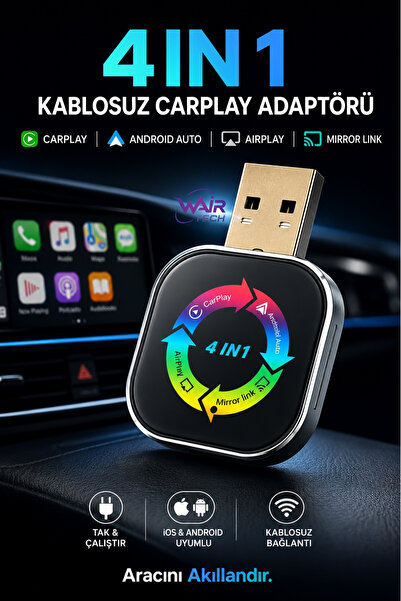 Lucky Love 4 IN 1 Kablosuz CarPlay Android Auto AirPlay Mirror Link Adaptörü ...