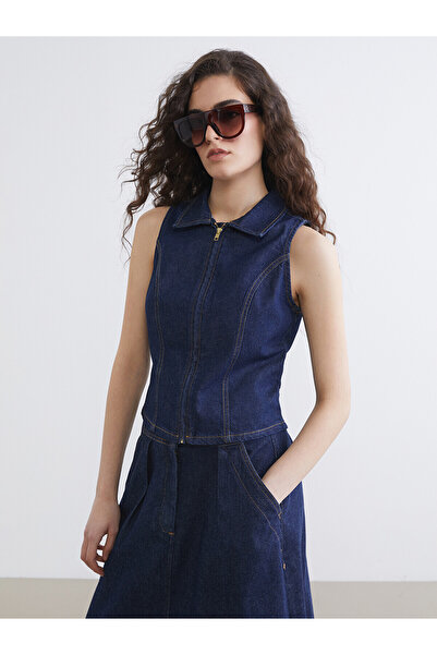 LC Waikiki Nevavm Shirt Collar Women's Jean Vest with Difference in Color