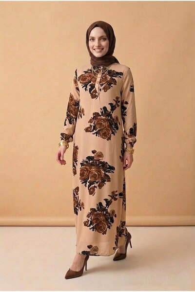 Hürrem Bi̇lge Elbi̇se 1St Class Viscose Fabric Women's Mink Floral Patterned Collar Openable Buttoned Hijab Dress
