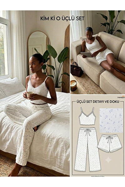 KİM Kİ O Women's White Lace Ribbed 3-Piece Home Wear Pajama Set Bustier Short...