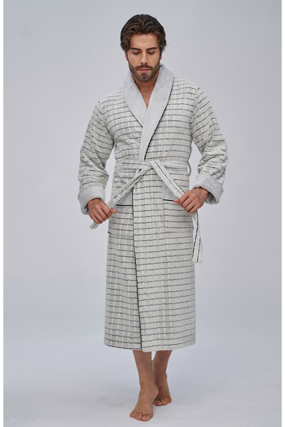 Nuşa Men's Shawl Collar Plaid Jacquard Bamboo Cotton Soft Absorbent Luxury Ba...