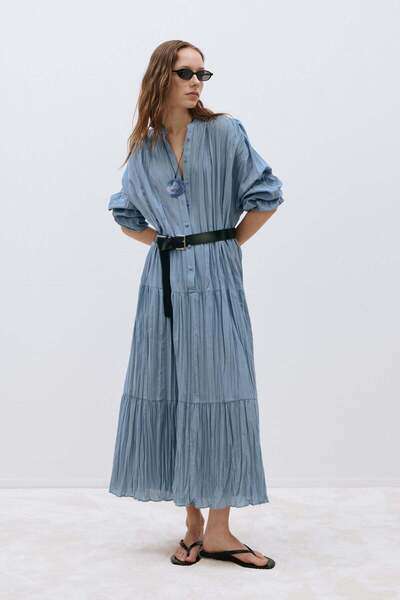 Suud Collection Mavi Muse Düğmeli Maxi Elbise