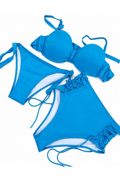 Nobrand Costum de Baie 3 Piese Albastru Electric cu Talie Înaltă și Sutien Pu...