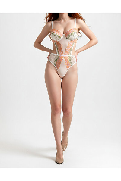 BeeHead Bee Blossom Beyaz Çiçek Nakış İşlemeli Transparan Bodysuit