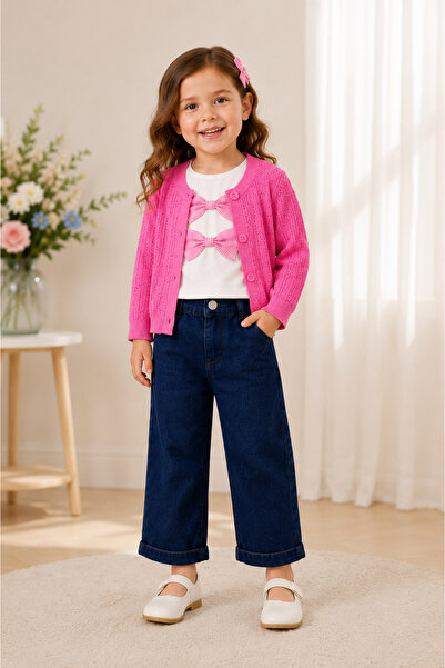 Minik mooda Girl's Double Bow Detailed Knitwear Cardigan and Jean Pants Set