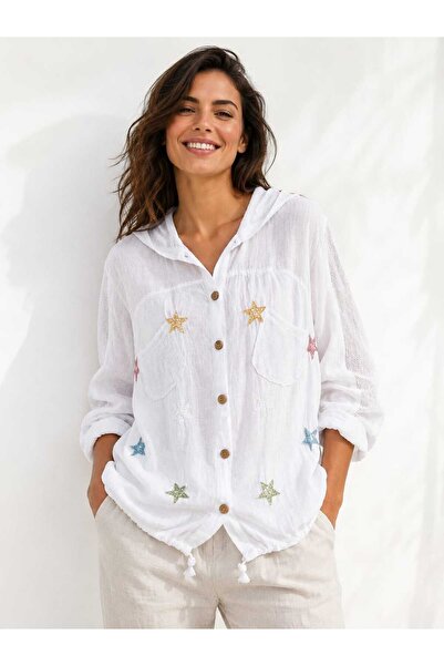 Butik Şans Women's Mesh Detailed Sequined Star Figured Seasonal Jacket Shirt