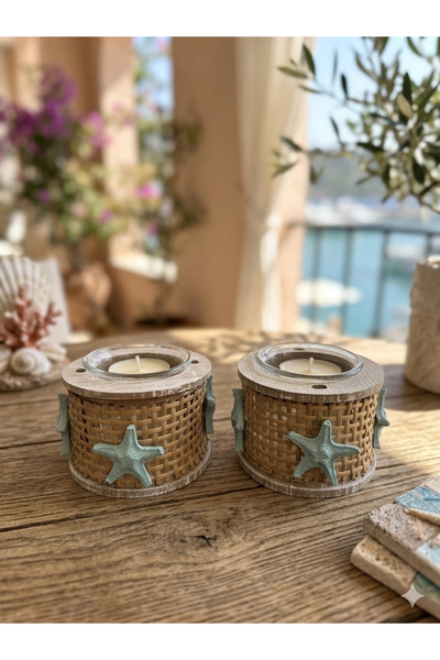 Ahşap Evi Ahşap 2’li Rattan Yıldızlı Mumluk Bohem Dekoratif Obje