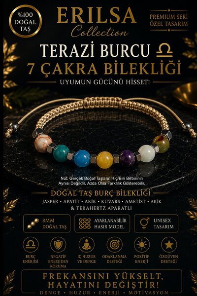 Erilsa Sertifikalı Terazi Burcu 7 Çakra Doğal Taş Bileklik -Ayarlamalı Unisex...