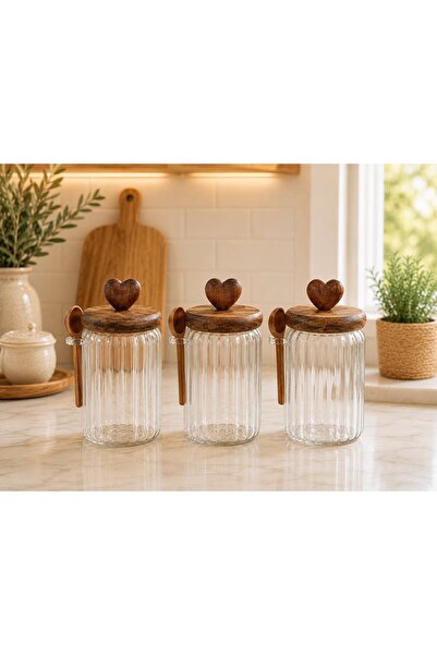 morponi 3-Piece Heart Vacuum Acacia Lid, Glass Jar with Spoon - Sugar Bowl, S...