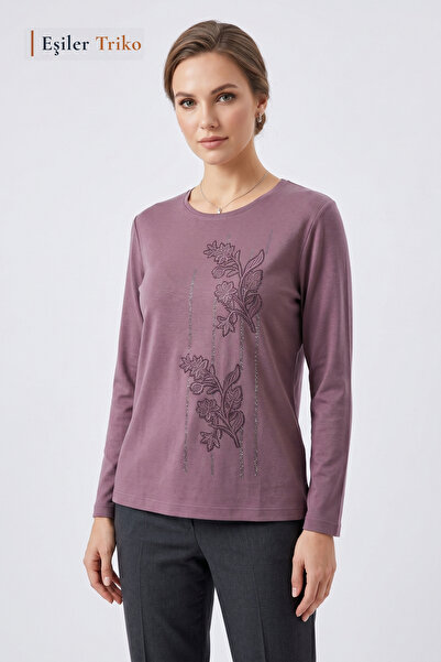 Eşiler Triko Women's Dusty Rose Pansy Patterned, Embroidered on the Chest, St...