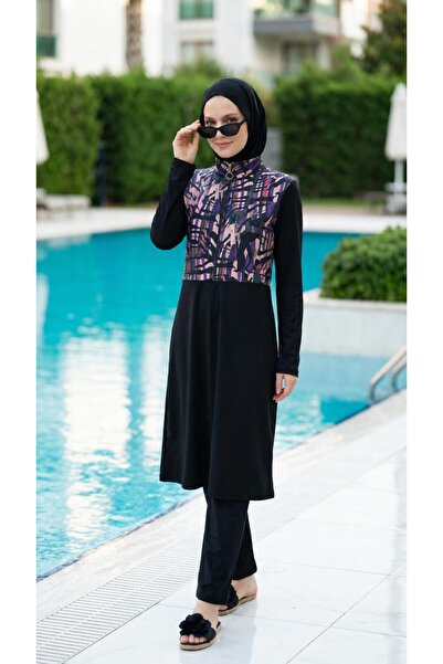 new ats Costum de baie complet acoperit Hijab cu model etnic, set din 3 piese...