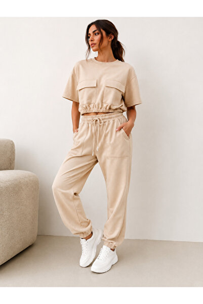LALESTA Kadın Oversize Crop Sweatshirt Jogger Eşofman Takımı