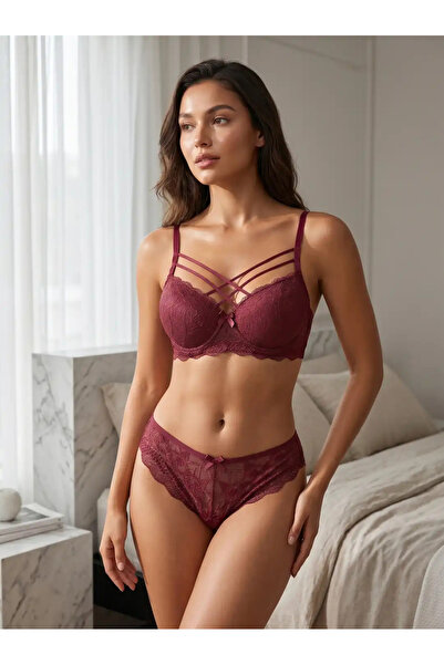 Geometrik Strappy Dantel Sütyen Takımı