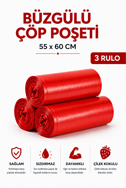 MSE HOLD Büzgülü Çöp Poşeti Çilek Kokulu 55×60 cm Orta Boy 3 Rulo Dayanıklı S...