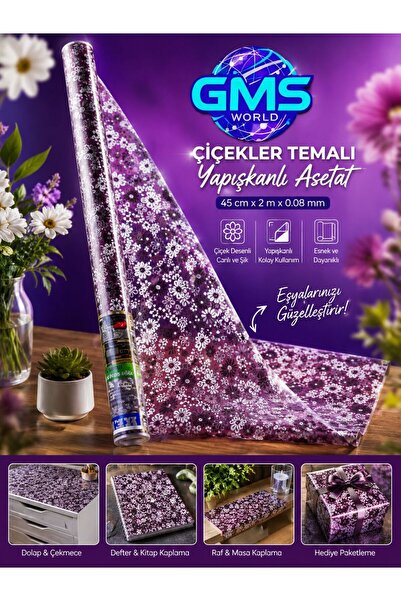 GMS WORLD ÇİÇEKLER TEMALI YAPIŞKANLI RULO ASETAT / ÖLÇÜLER 45cm X 2m X 0.08mm