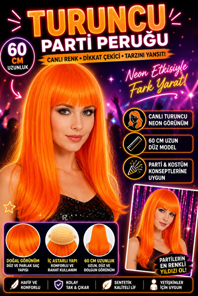 Tamsena Store Turuncu Uzun Düz Parti Peruğu 60 CM Neon Renk Kadın Kostüm Peruğu