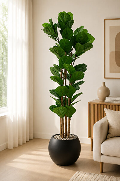 TrentonGCC Artificial Fiddle Leaf Fig Plant in Modern Round Pot – Premium Ind...