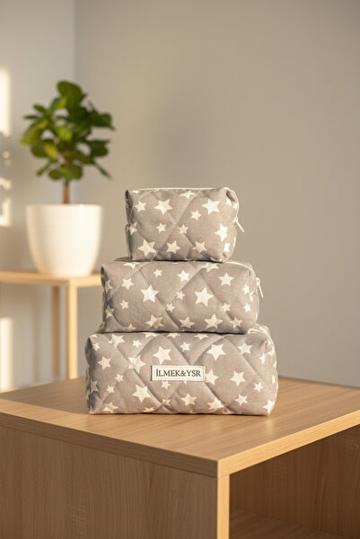 İLMEK&YSR Quilted Makeup Bag and Baby Care Organizer Bag Set 3-Piece Starry Gray