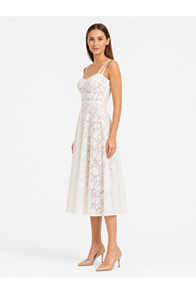 Shamouk Women's White Lace Double Strap Corset Cut Midi Dress