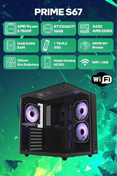 Game Garaj Prime S67 AMD R5 7500F 16GB RAM 1TB SSD RTX5060Ti 16GB 120mm Sıvı ...