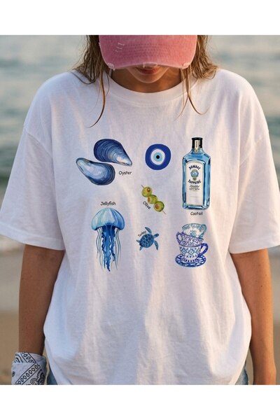 Oyster Baskılı Beyaz Oversize T-shirt