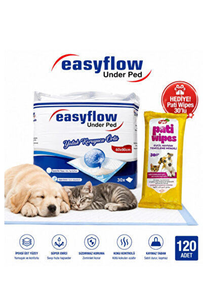 Easyflow Kedi ve Köpek Çiş Pedi, 60x90 cm, 120 Adet, Pati Temizleme Mendili Dahil
