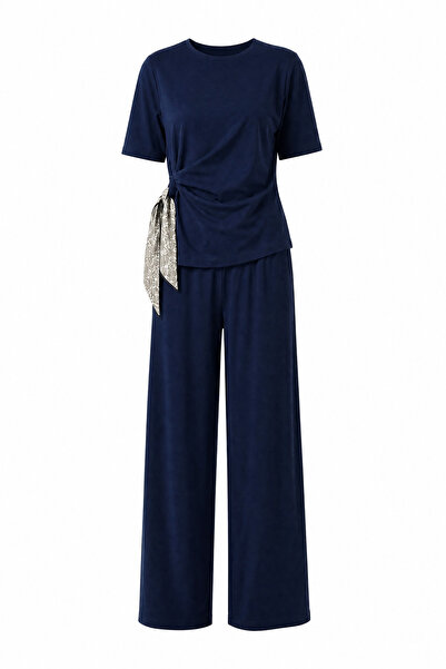 NOTHING Women's Scarf Tie Detailed T-Shirt High Waist Pants Top-Down Set