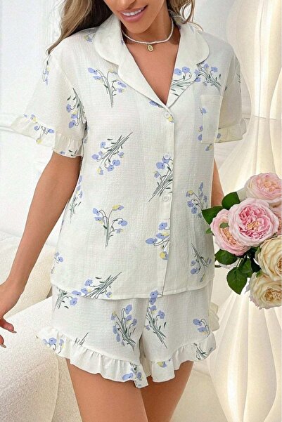 w white stars sports & wear White Blue Violet Patterned Shorts Set 7558